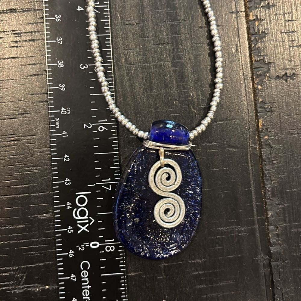 Blue Dichroic Glass Silver Swirl Artisan Long Beaded Energy Necklace Chain - Picture 7 of 7